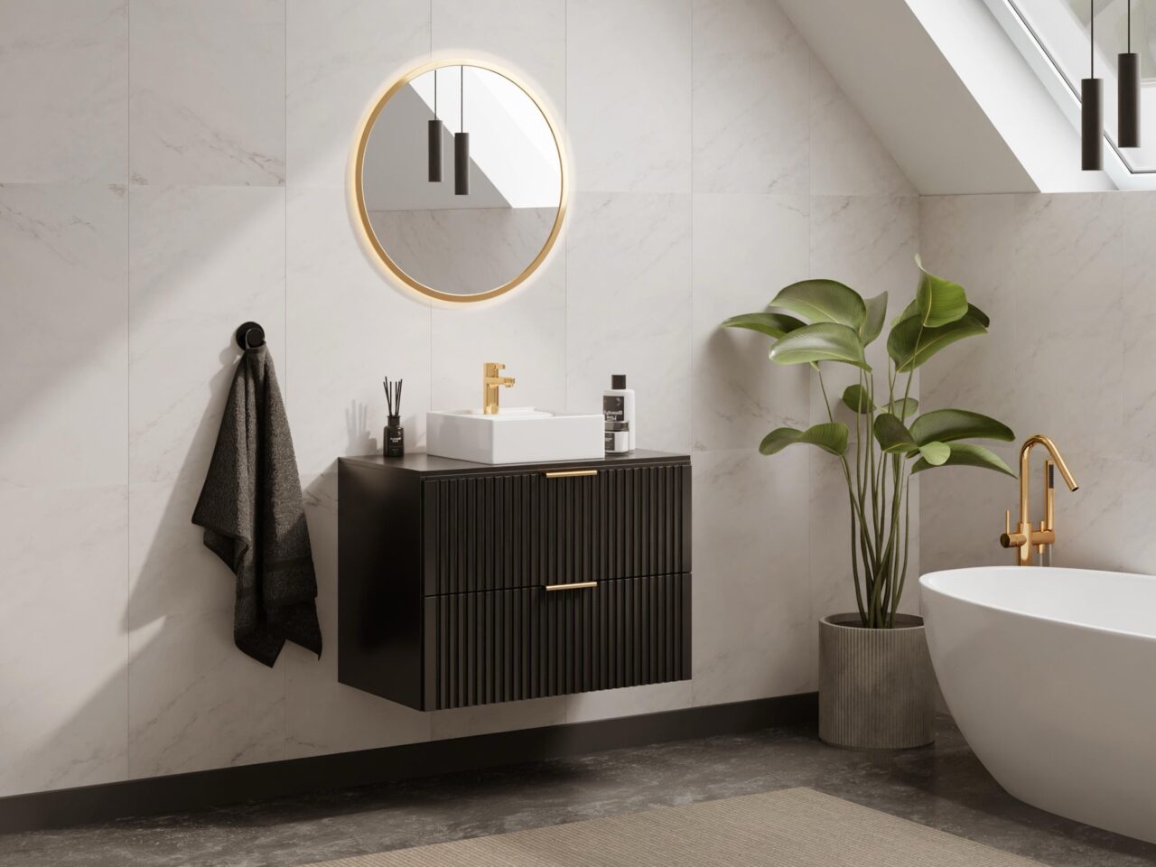 Meuble sous vasque suspendu strié - Noir - L80 cm - ZEVARA vente unique