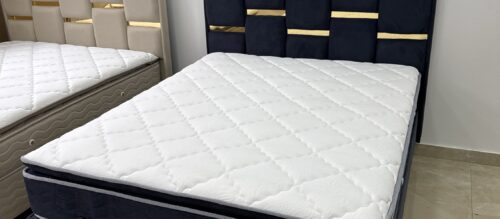 Lit coffre SERENA avec tête de lit et matelas + sur matelas à ressort Gris Anthracite ou Beige
