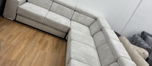 Canapé d’angle Pierre modulable 320x260cm en velours côtelé en crème ou gris anthracite anti taches